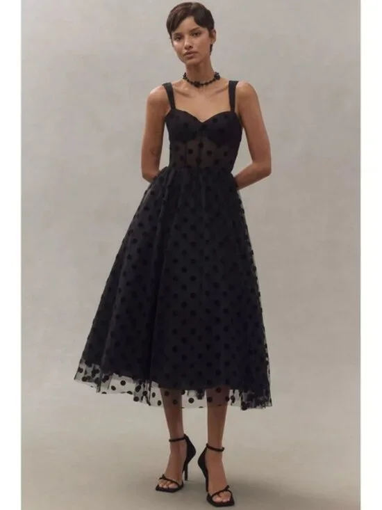 NWT Mac Duggal Black Polka Dot Net Bustier A-Line Midi Dress - Size 10‎ - Picture 4 of 16